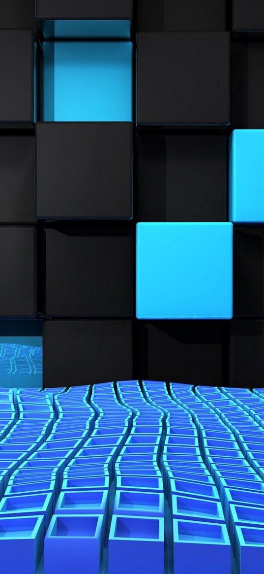 cube, squares, space, blue, black, weightlessness