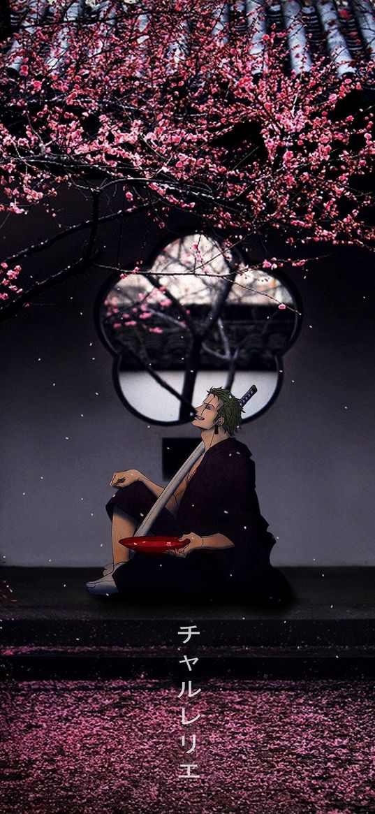 zoro, one piece anime, character, katana, bowl, temple, sakura, art