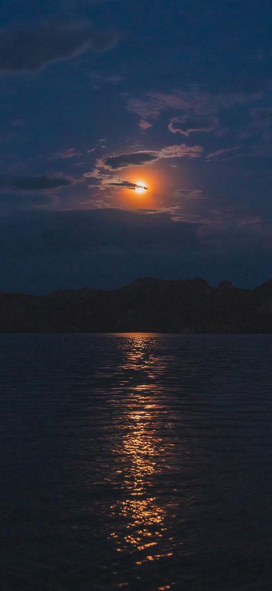 lake, reflection, horizon, shore, forest, cloudy sky, moon