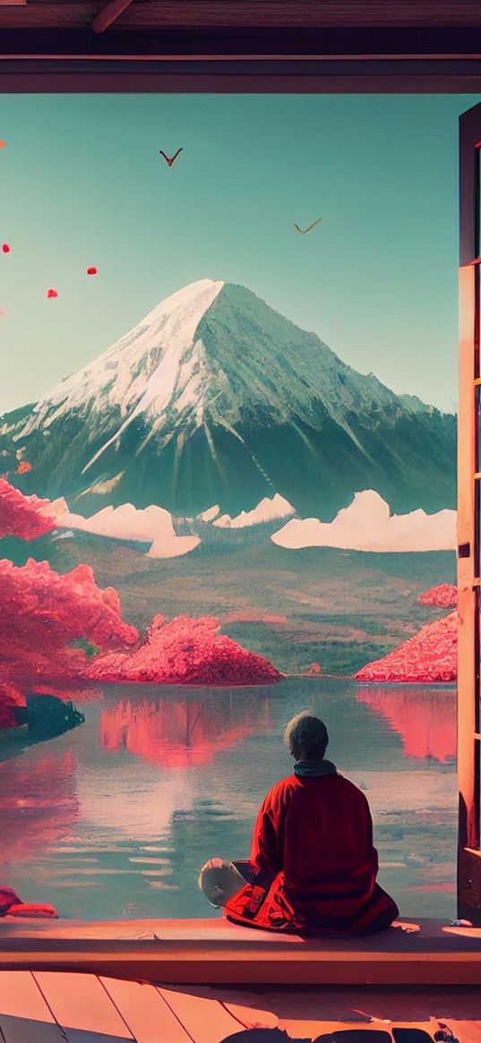 mountain, snow, lake, sakura, tree, door, man, art