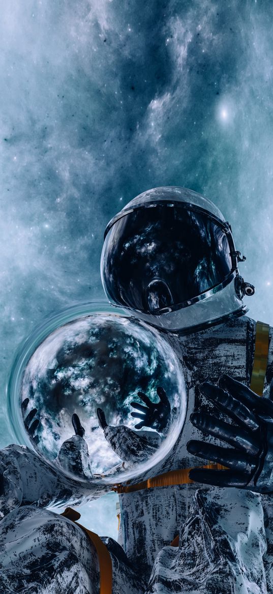 astronaut, cosmonaut, spacesuit, sphere, reflection, sky