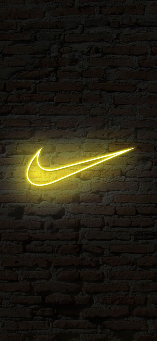 nike, logo, neon, yellow, bricks, wall