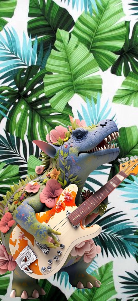 dinosaur, guitar, flowers, leaves, digital art