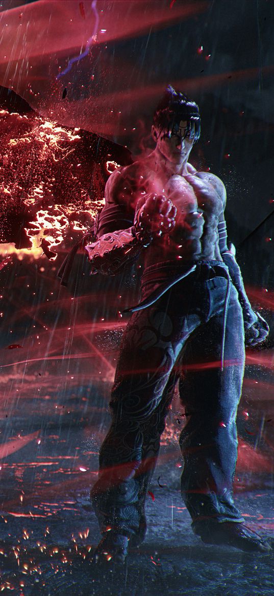 jin, tekken, game, warrior, fighter, guy, muscular, fire, sparks, rain, art