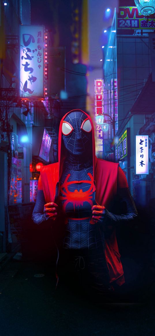 spider-man, miles morales, cosplay, street, city, lights, neon