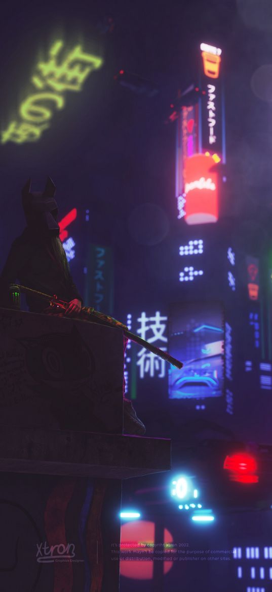 neon, city, lights, katana, ninja, sword, cyberpunk, futuristic