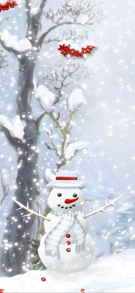 snowman, scarf, buttons, wood, berries, trees, snow