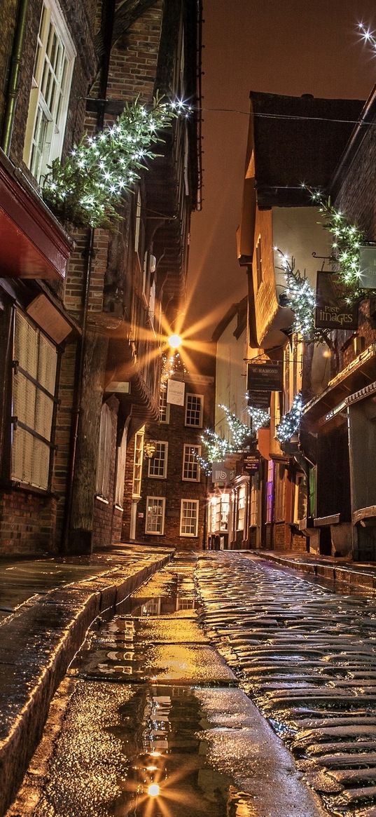 street, houses, road, paving, windows, lights, shopping, evening, night, england, christmas, new year