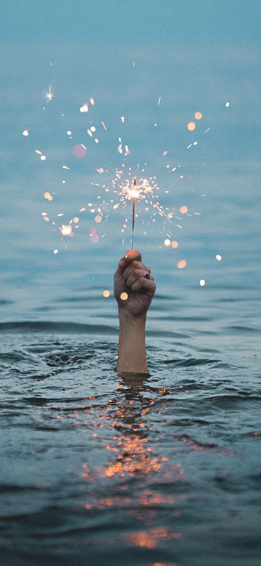 hand, sparkler, water, sparks