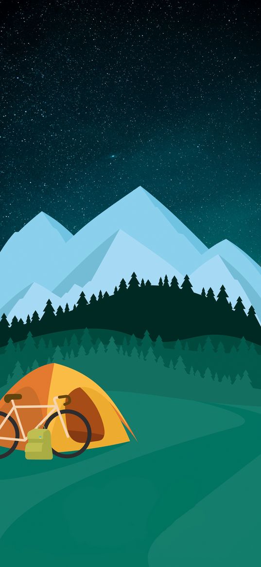 tent, mountains, drawing, bicycle, art