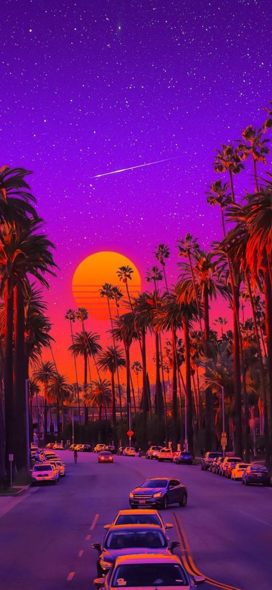 neon, cars, street, retro, palm trees