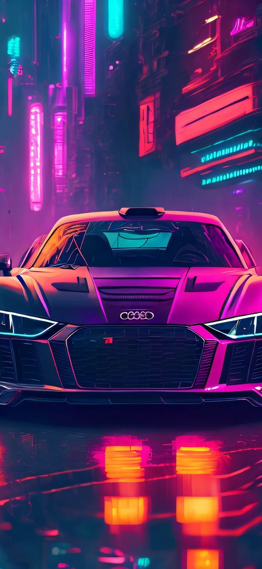 car, city, neon, glow, purple, reflection