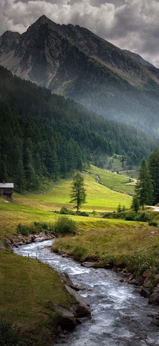 stream, mountains, trees, forest, valley, house, landscape