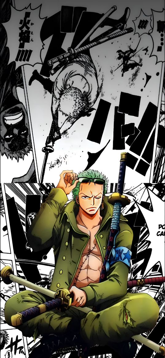 one piece, zoro, anime, manga, character, black and white, color