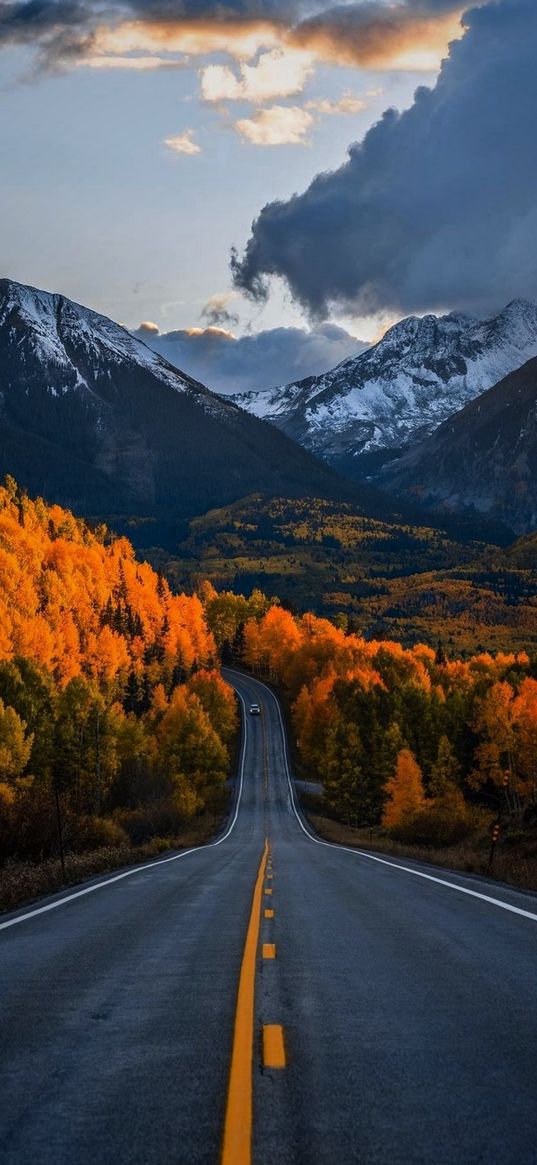 road, trees, forest, autumn, valley, hills, cloudy sky, nature