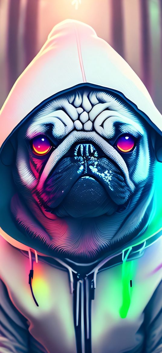 pug, dog, hoodie, bushes, drawing, color