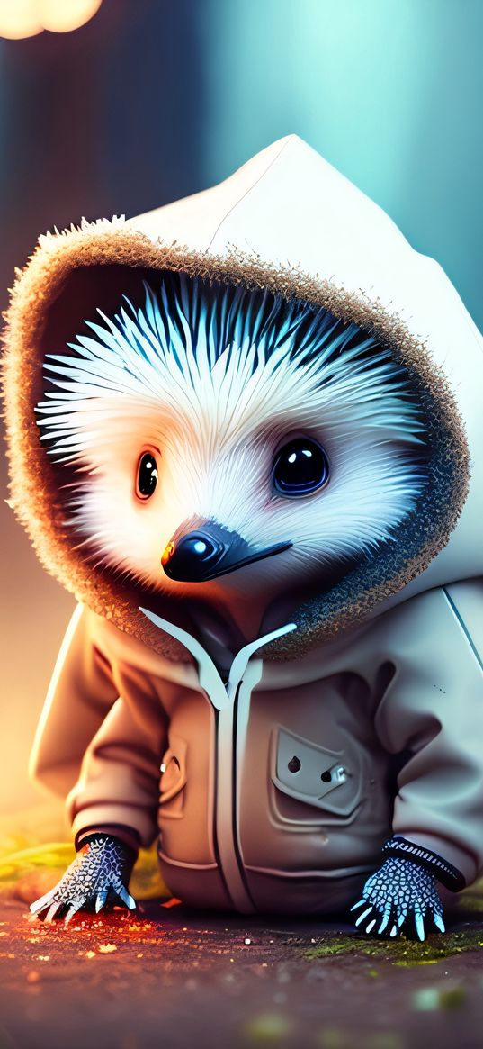 hedgehog, hoodie, jacket, forest, lights, art