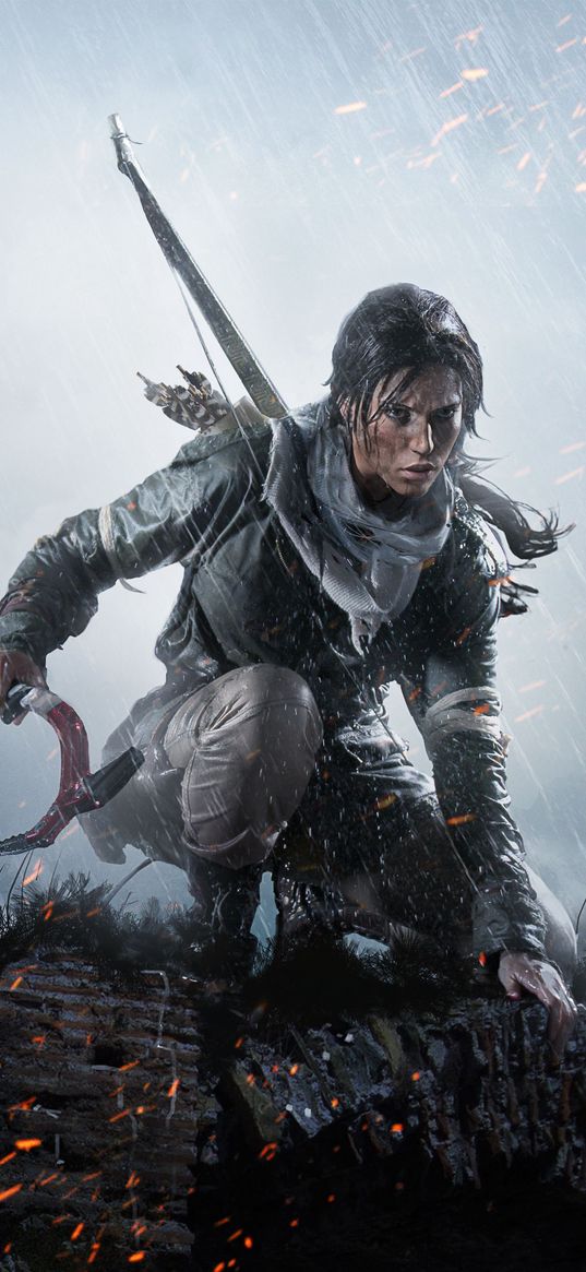 tomb rider, lara croft, game, character, girl, rain, weapon, dark