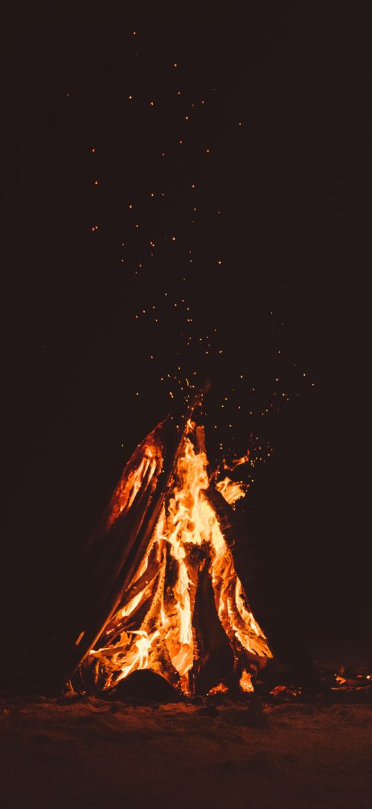 bonfire, firewood, night, flame