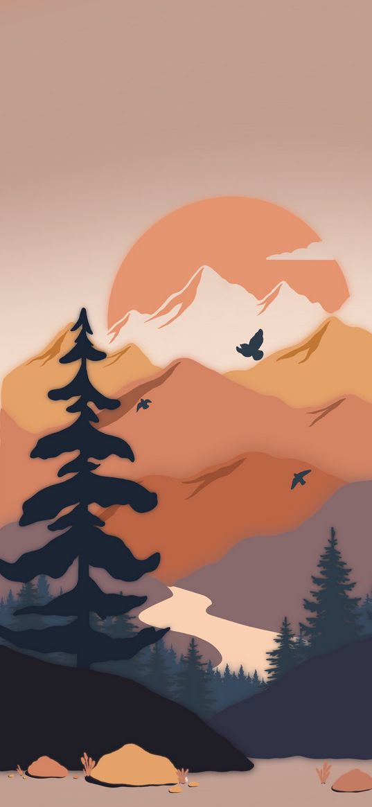 mountains, sun, sunset, trees, collage, art, orange