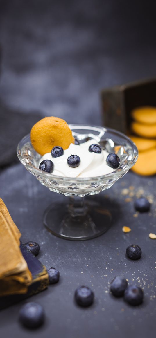 whipped cream, blueberries, cookies, dessert