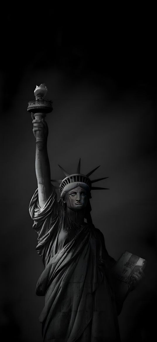 statue of liberty, crown, torch, dark, black and white