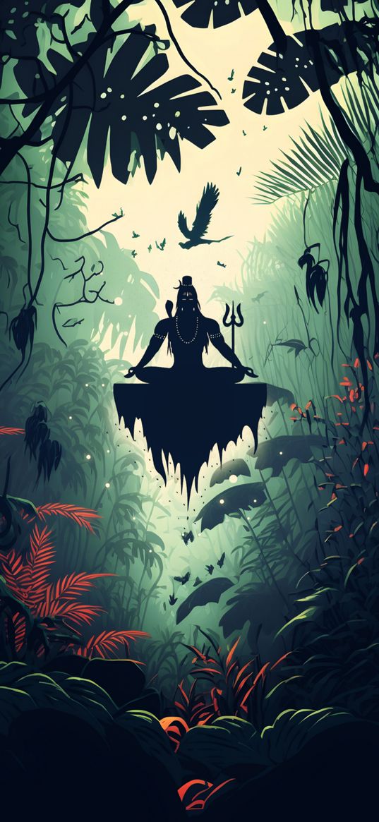 shiva, god, hinduism, forest, tropics, plants, art