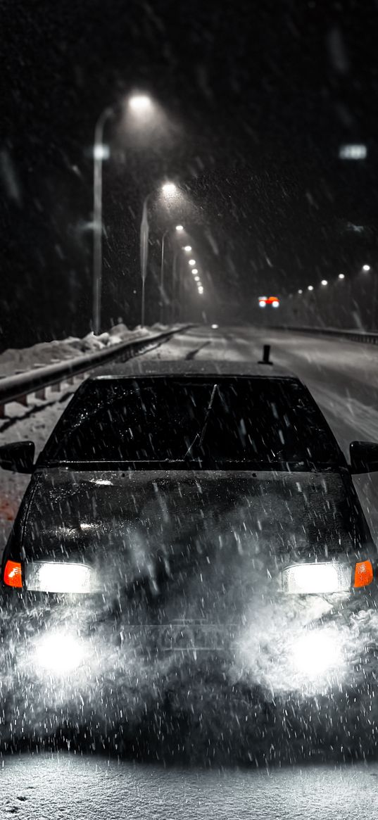 lada 2114, lada, car, black, headlights, snow, road