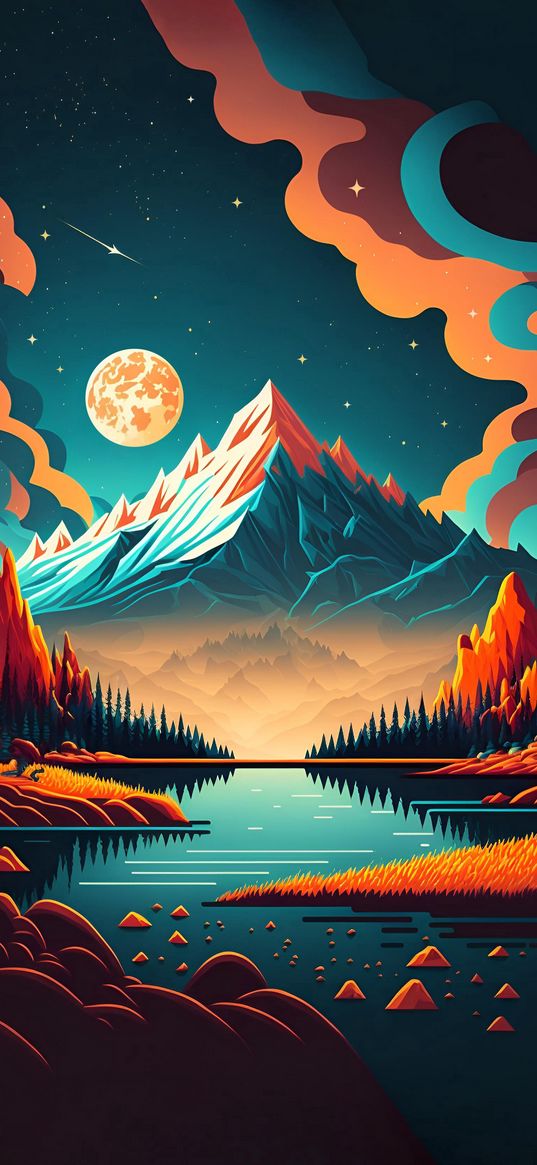 mountain, moon, night, stars, water, art