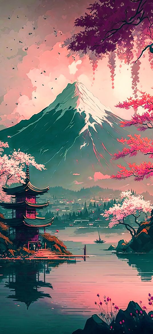 volcano, mountain, pagoda, trees, pond, art