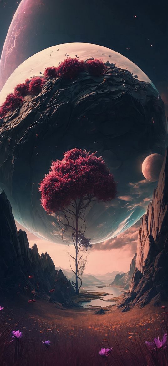 tree, leaves, flowers, plants, planets, moon, mountains