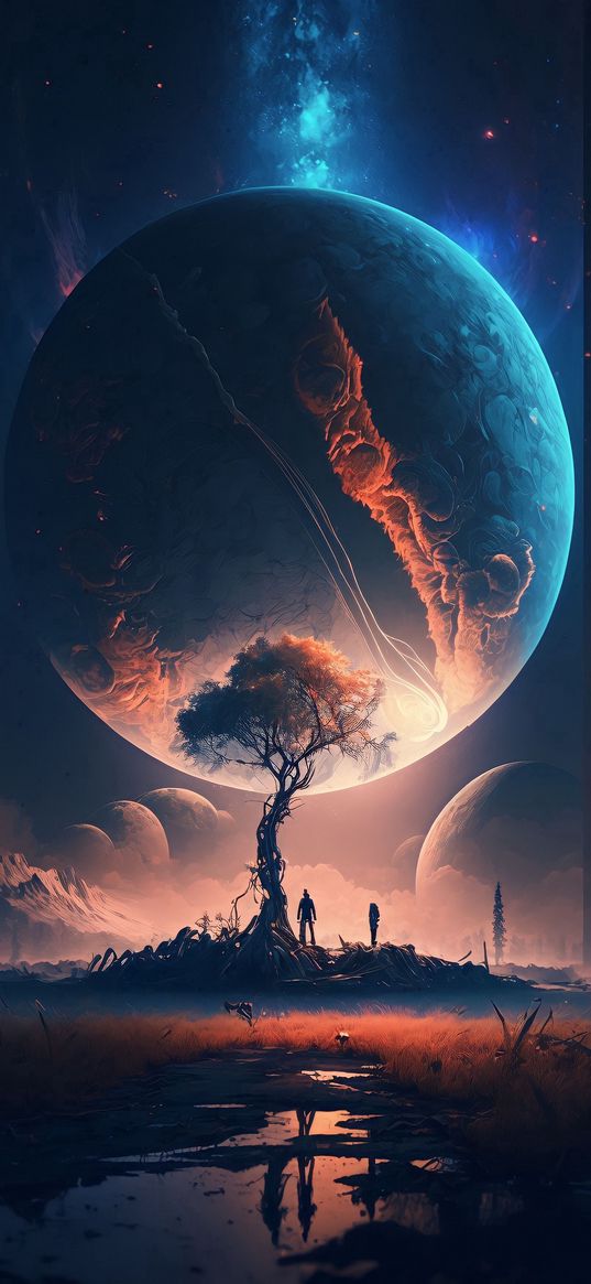 planet, space, tree, people, puddles, fantasy