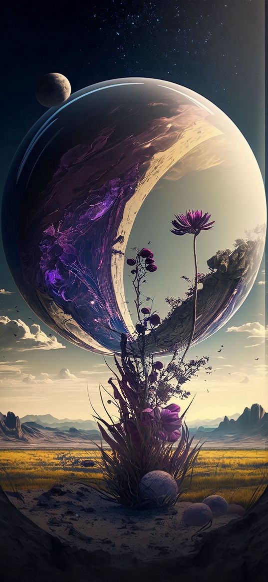 valley, plants, flowers, bubble, reflection, mountains, planets