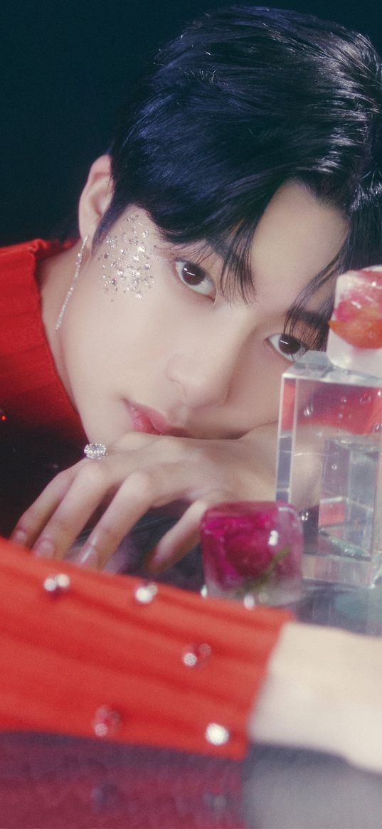 hyungwon, artist, korean, boy, k-pop, red, glitter, ice