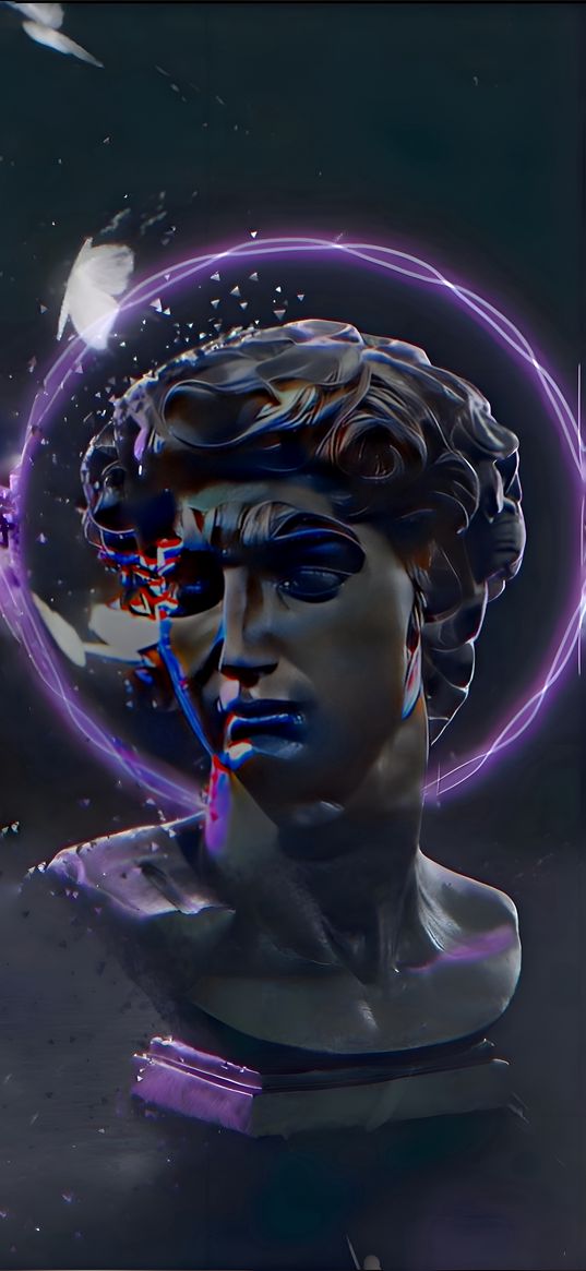 david, michelangelo, statue, glitch, purple, dark