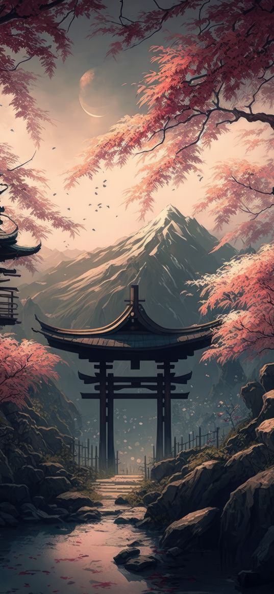 torii gate, mountains, trees, art