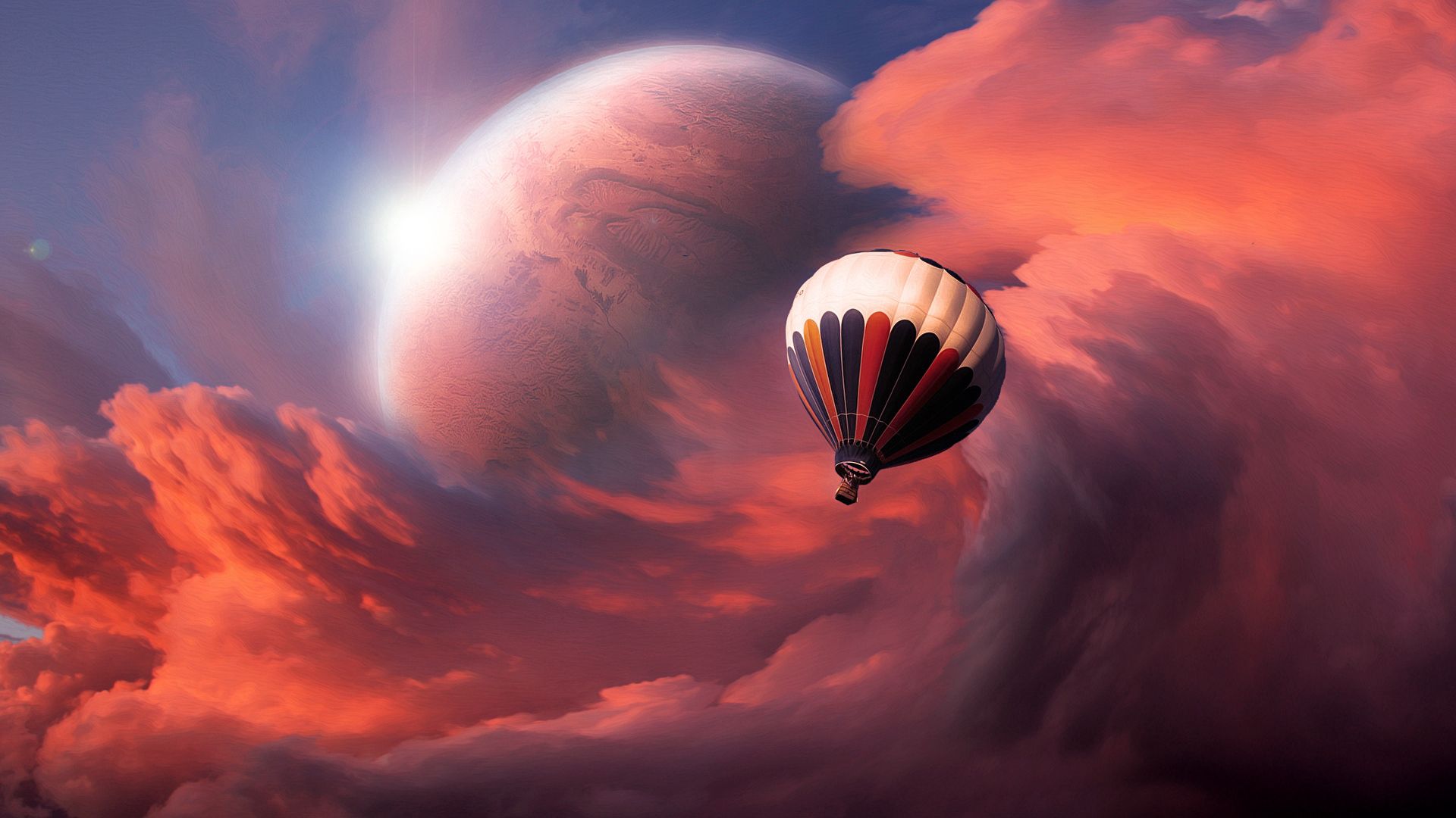 air balloon, sky, clouds, flight, moon