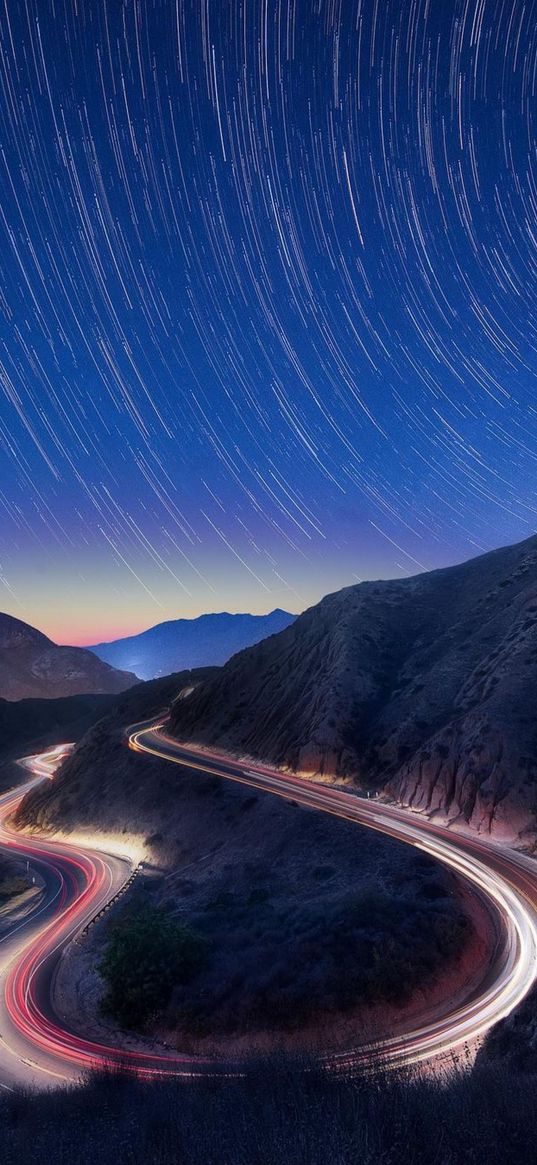 road, lights, timelapse, hills, mountains, comets, stars, sky, night, landscape, nature