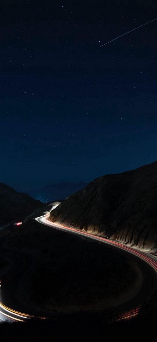 road, lights, timelapse, hills, mountains, comet, stars, sky, night, landscape, nature