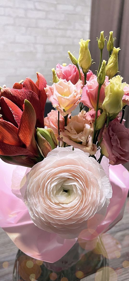 ranunculus, lisianthus, amaryllis, flowers, bouquet, vase