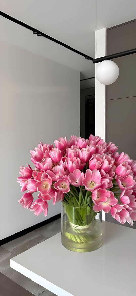 tulips, flowers, pink, bouquet, vase, table, interior