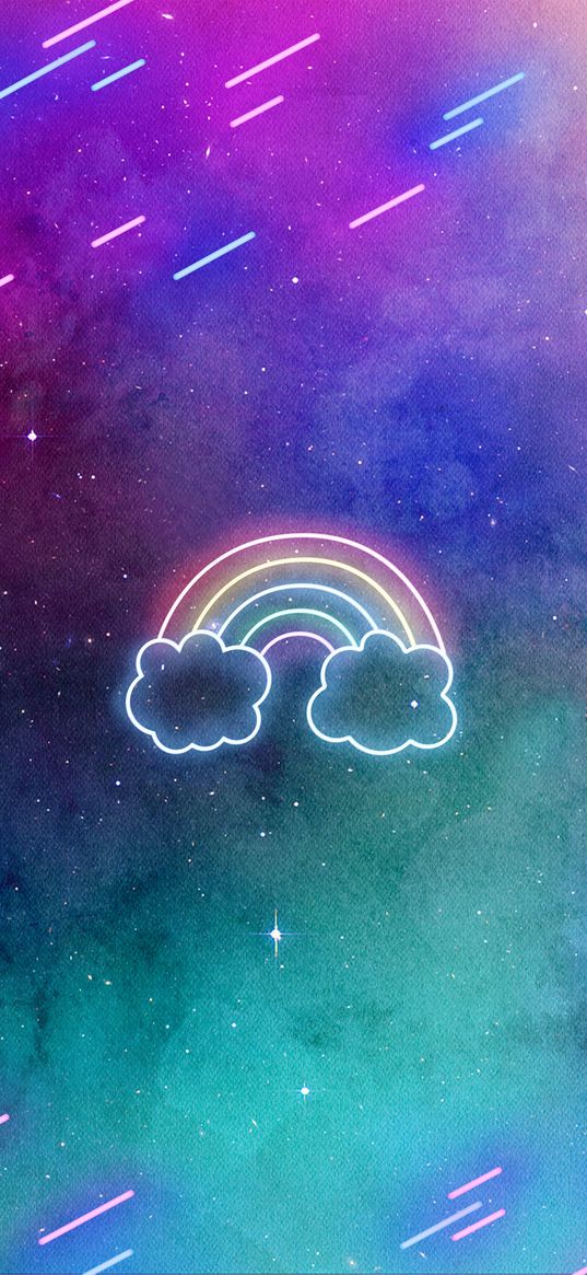 rainbow, clouds, stars, comets, space, neon