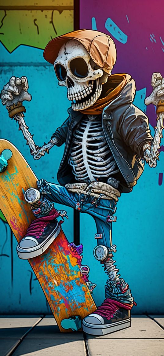 skeleton, skateboard, cap, street, graffiti, color