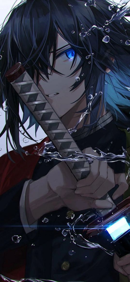 giyu tomioka, demon slayer, anime, character, katana, guy, drops, art