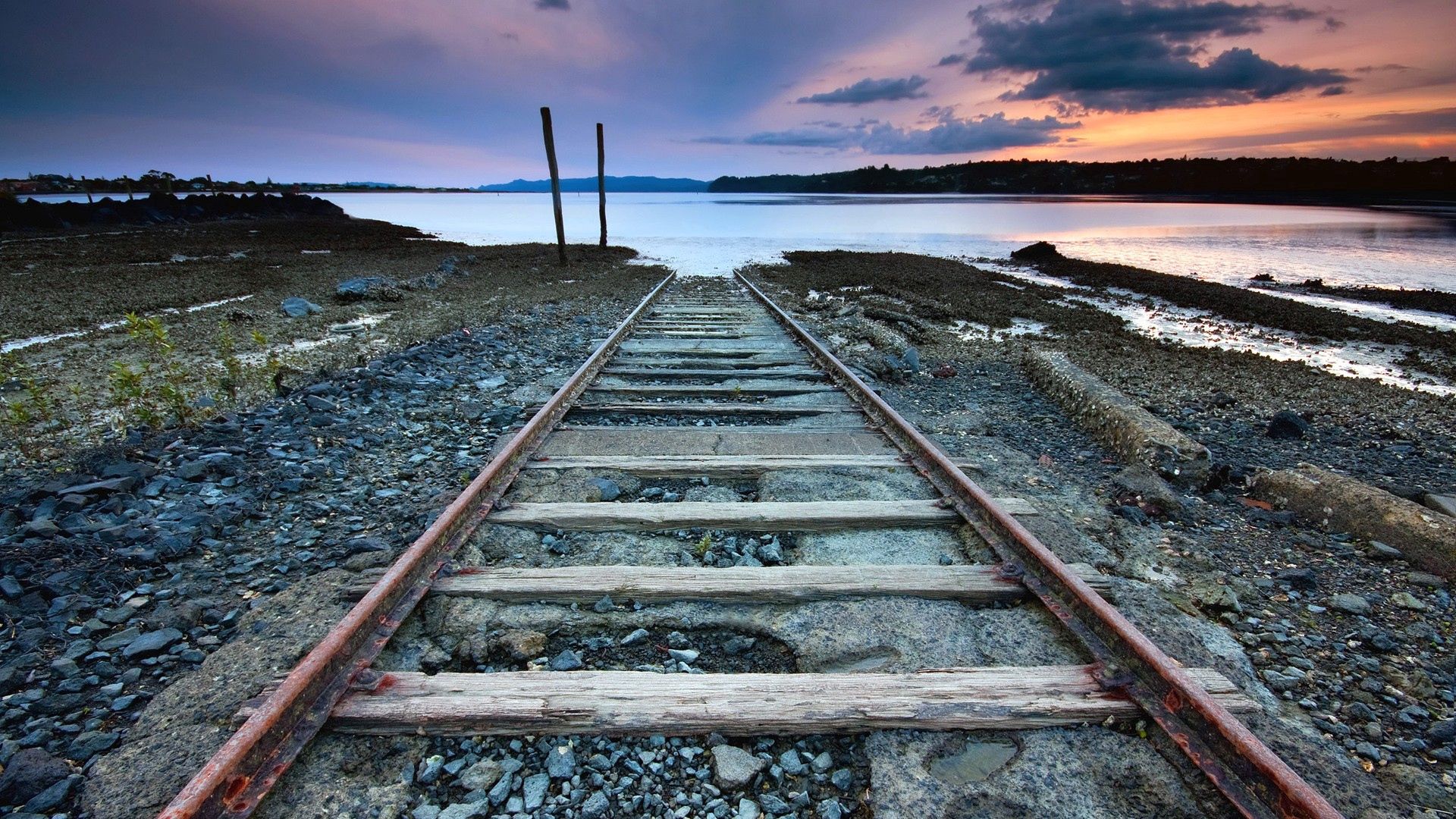 rails, nature, sky, water