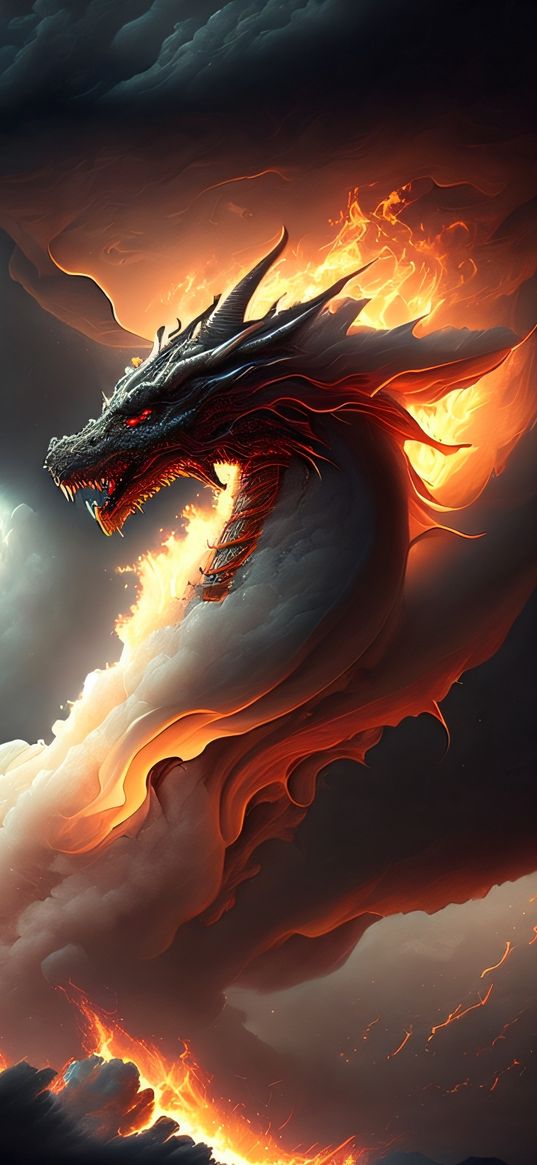 dramatic, dragon, fire, smoke