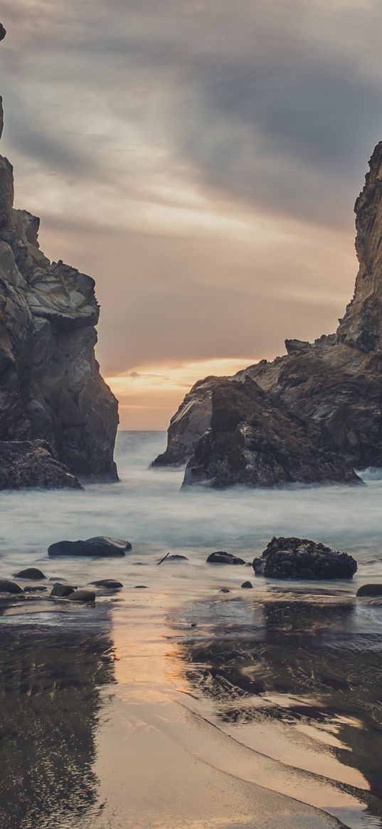 beach, coast, stones, rocks, sea, clouds, sunset, sky, nature