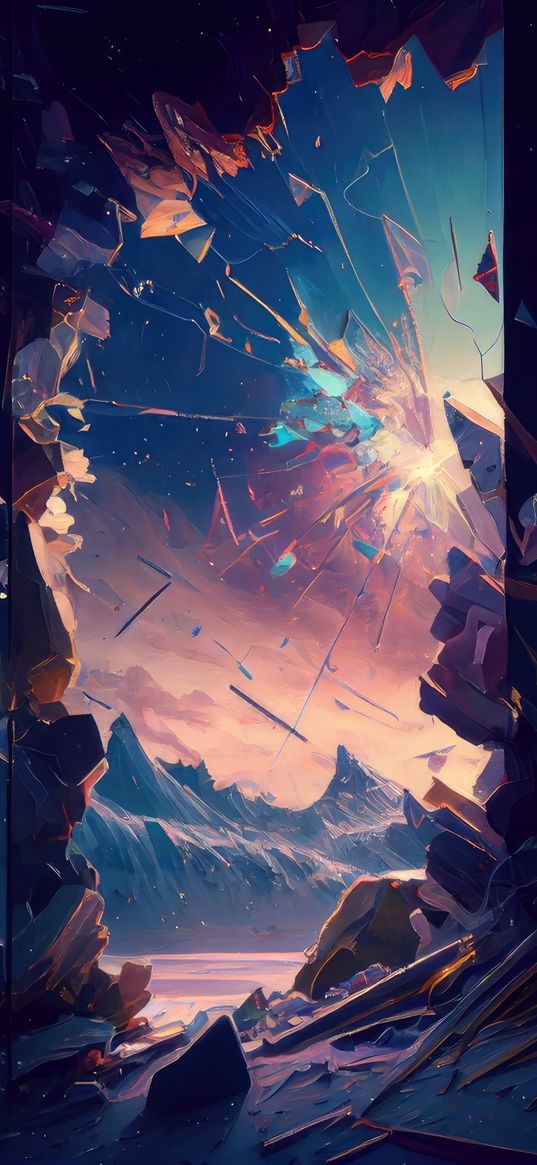 portal, glass, fragments, valley, landscape, fantasy, ai, art