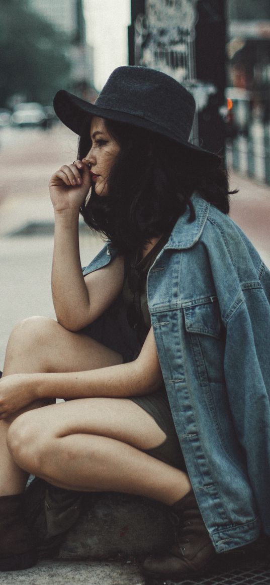 girl, sad, sitting, jacket, hat, bag, road, cars, city