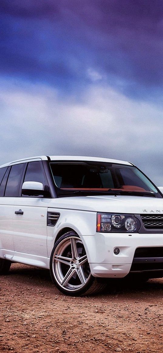 range rover, car, white, field, grass, sky, clouds